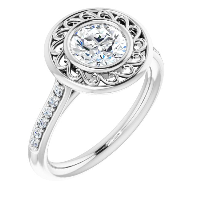 10K White Gold Customizable Cathedral-Bezel Round Cut Design with Floral Filigree and Thin Shared Prong Band
