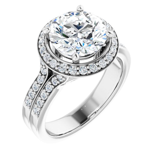 14K White Gold Customizable Round Cut Halo Style with Accented Split-Band