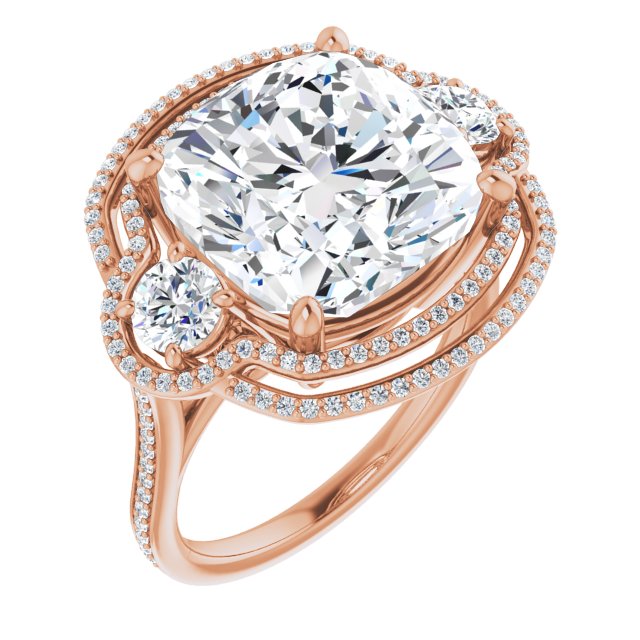 10K Rose Gold Customizable Enhanced 3-stone Double-Halo Style with Cushion Cut Center and Thin Band