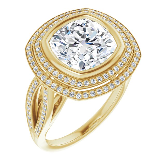 10K Yellow Gold Customizable Bezel-set Cushion Cut Style with Double Halo and Split Shared Prong Band