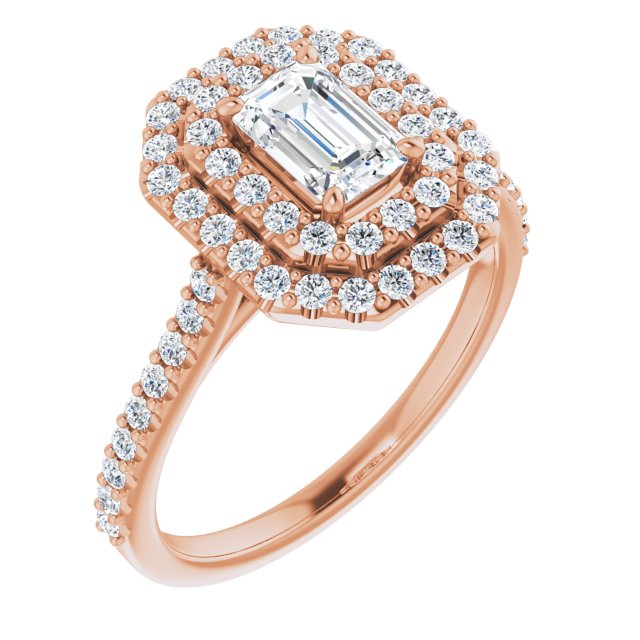 10K Rose Gold Customizable Double-Halo Emerald/Radiant Cut Design with Accented Split Band