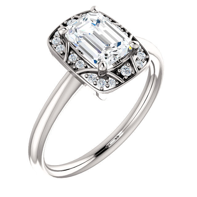Cubic Zirconia Engagement Ring- The Rachal (Customizable Segmented Cluster-Halo Enhanced Emerald Cut Design with Thin Band)