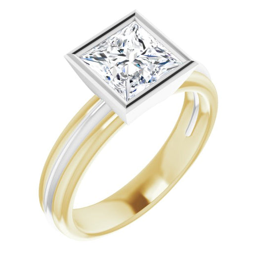 14K Yellow & White Gold Customizable Bezel-set Princess/Square Cut Solitaire with Grooved Band