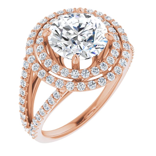 10K Rose Gold Customizable Round Cut Design with Double Halo and Wide Split-Pavé Band