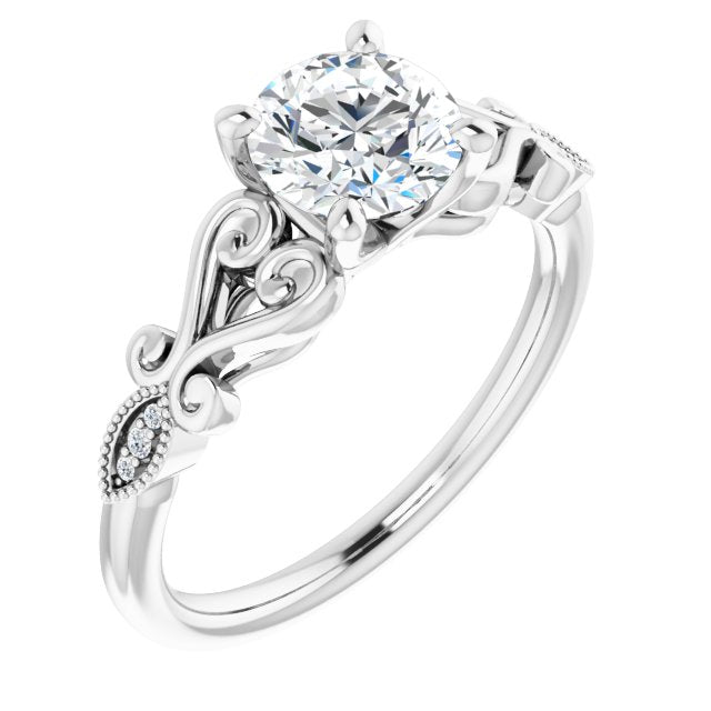 10K White Gold Customizable 7-stone Design with Round Cut Center Plus Sculptural Band and Filigree