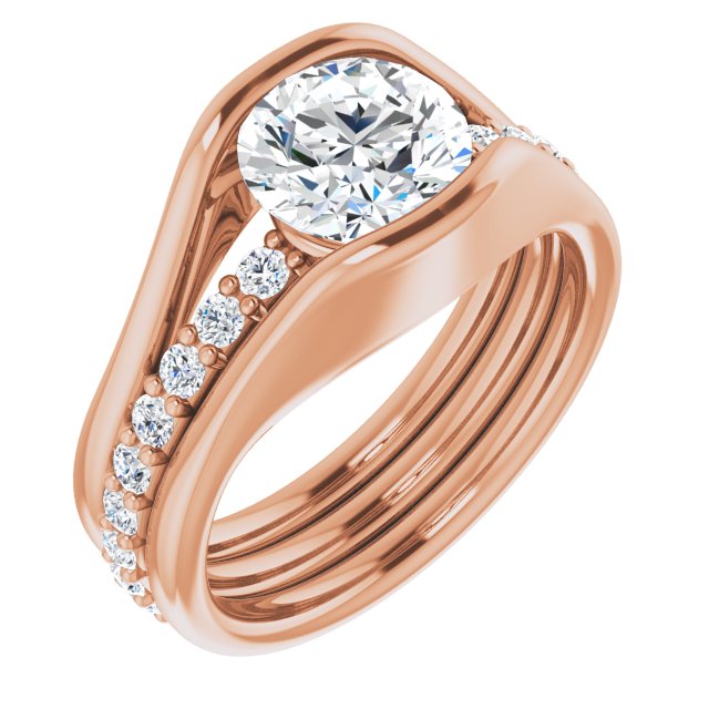 14K Rose Gold Customizable Bezel-set Round Cut Style with Thick Pavé Band
