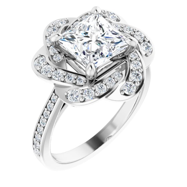 10K White Gold Customizable Cathedral-raised Princess/Square Cut Design with Floral/Knot Halo and Thin Accented Band