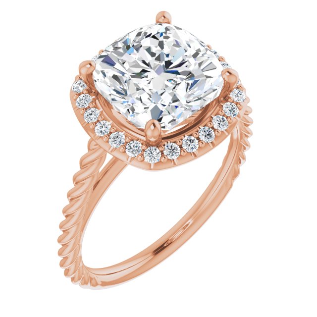 10K Rose Gold Customizable Cathedral-set Cushion Cut Design with Halo and Twisty Rope Band