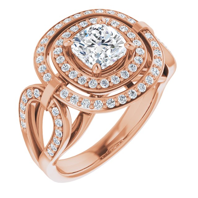 10K Rose Gold Customizable Cathedral-set Cushion Cut Design with Double Halo & Accented Ultra-wide Horseshoe-inspired Split Band