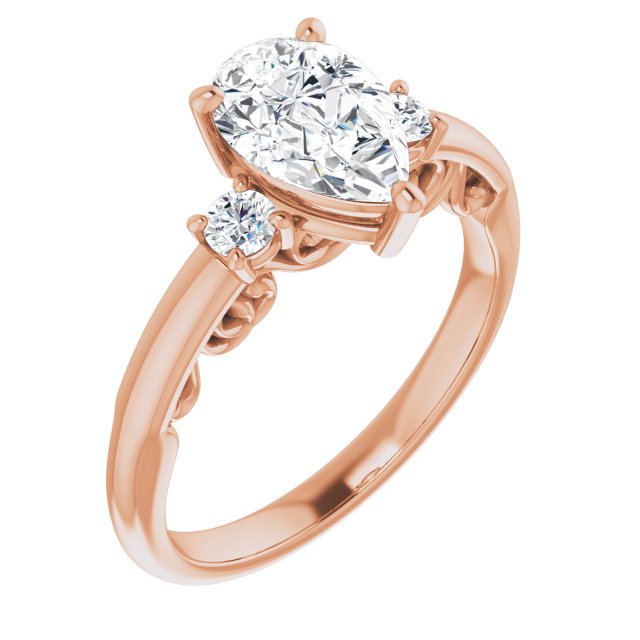 10K Rose Gold Customizable Pear Cut 3-stone Style featuring Heart-Motif Band Enhancement
