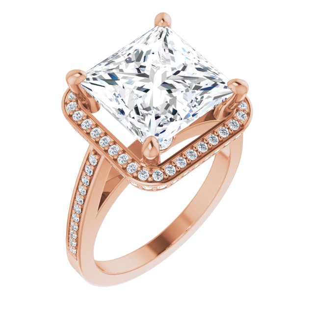 10K Rose Gold Customizable Cathedral-set Princess/Square Cut Design with Halo, Thin Pavé Band & Round-Bezel Peekaboos