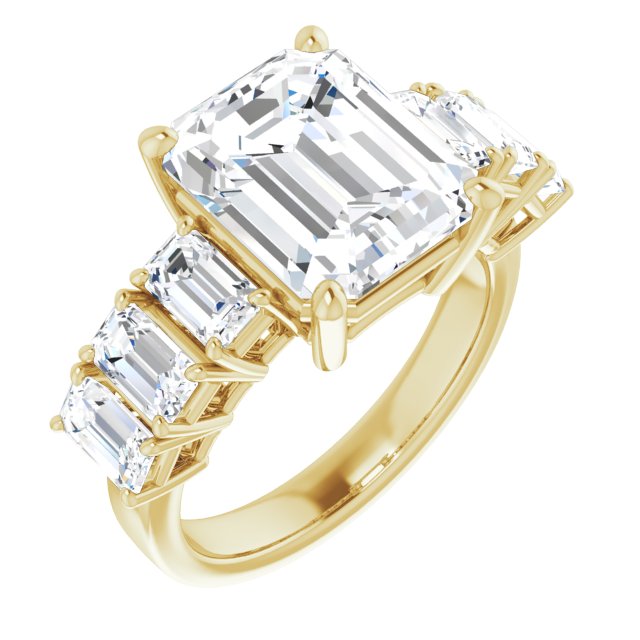 10K Yellow Gold Customizable 7-stone Emerald/Radiant Cut Design with Large Round-Prong Side Stones