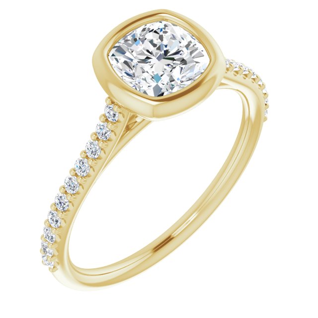 10K Yellow Gold Customizable Bezel-set Cushion Cut Style with Ultra-thin Pavé-Accented Band