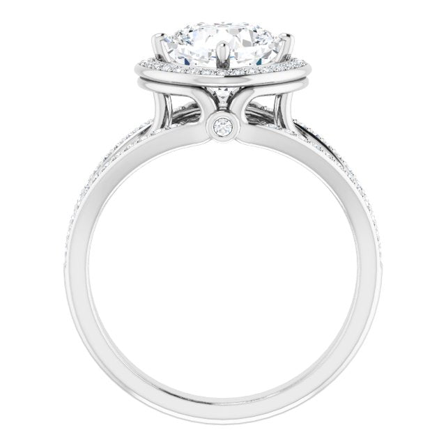 Cubic Zirconia Engagement Ring- The Hanna Jo (Customizable High-set Cushion Cut Design with Halo, Wide Tri-Split Shared Prong Band and Round Bezel Peekaboo Accents)