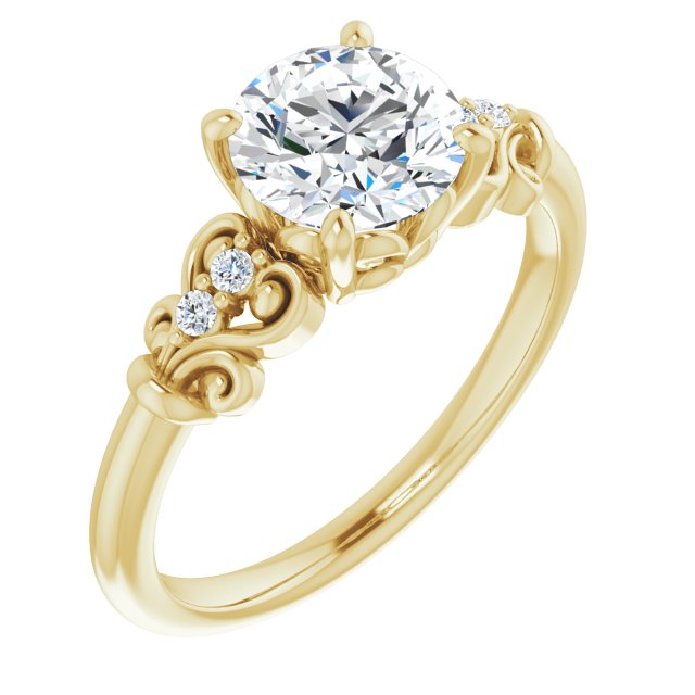 10K Yellow Gold Customizable Vintage 5-stone Design with Round Cut Center and Artistic Band Décor