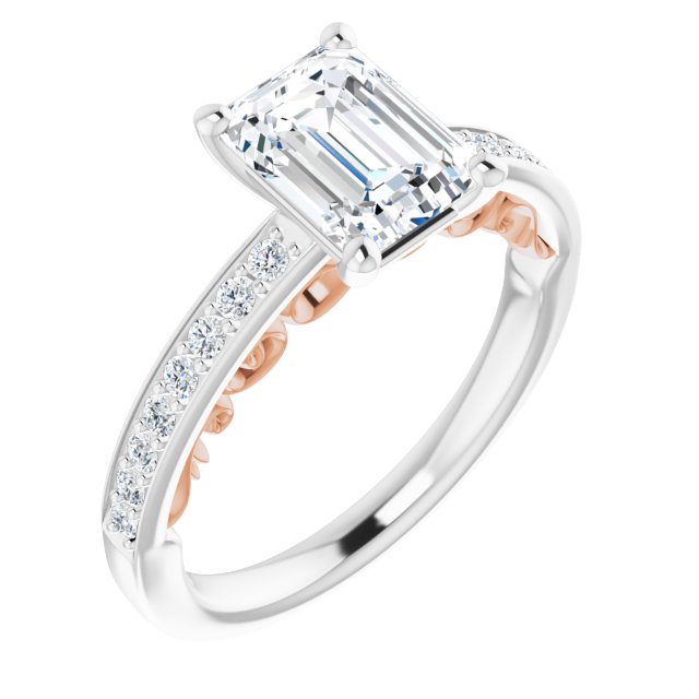 14K White & Rose Gold Customizable Emerald/Radiant Cut Design featuring 3-Sided Infinity Trellis and Round-Channel Accented Band