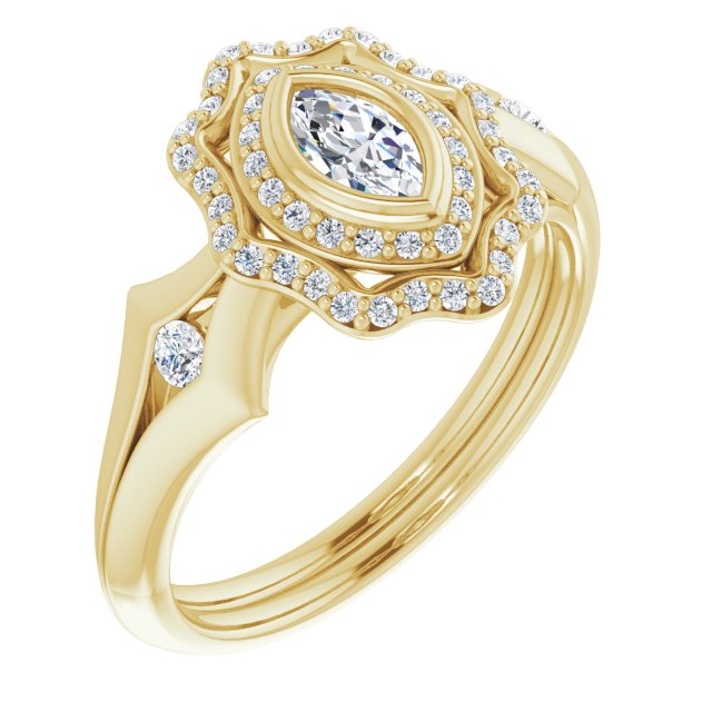10K Yellow Gold Customizable Cathedral-bezel Marquise Cut Design with Floral Double Halo and Channel-Accented Split Band