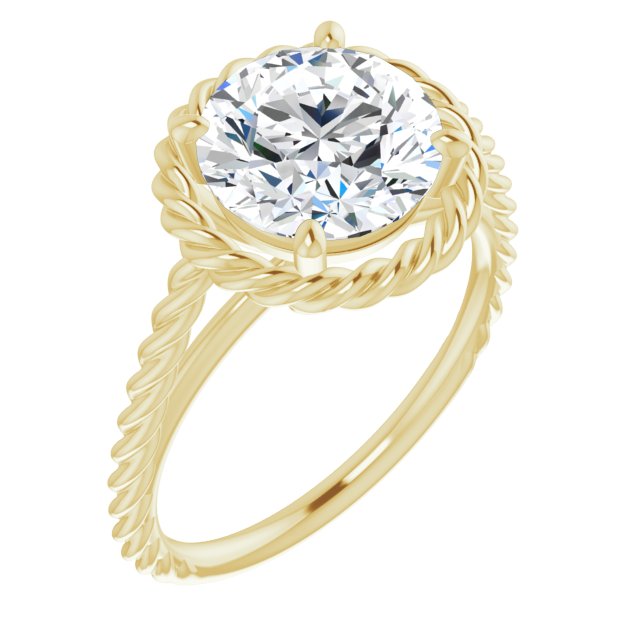 14K Yellow Gold Customizable Cathedral-set Round Cut Solitaire with Thin Rope-Twist Band