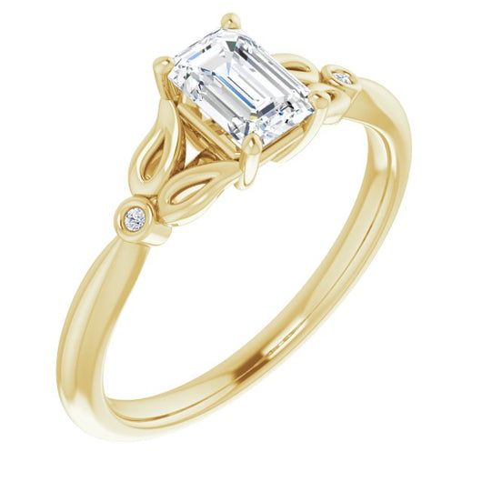 10K Yellow Gold Customizable 3-stone Emerald/Radiant Cut Design with Thin Band and Twin Round Bezel Side Stones