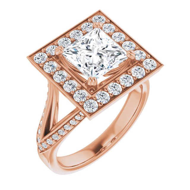 10K Rose Gold Customizable Princess/Square Cut Center with Large-Accented Halo and Split Shared Prong Band