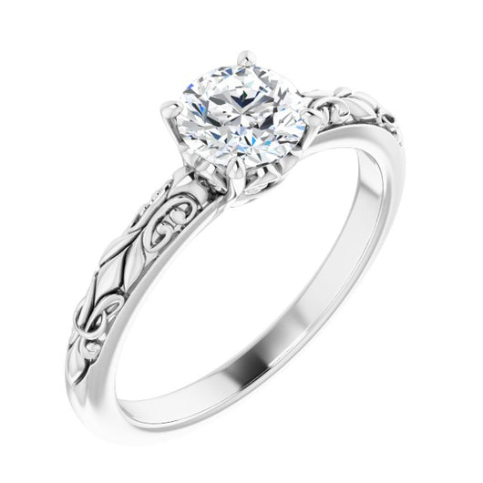 10K White Gold Customizable Round Cut Solitaire featuring Delicate Metal Scrollwork
