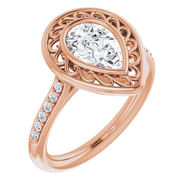 10K Rose Gold Customizable Cathedral-Bezel Pear Cut Design with Floral Filigree and Thin Shared Prong Band