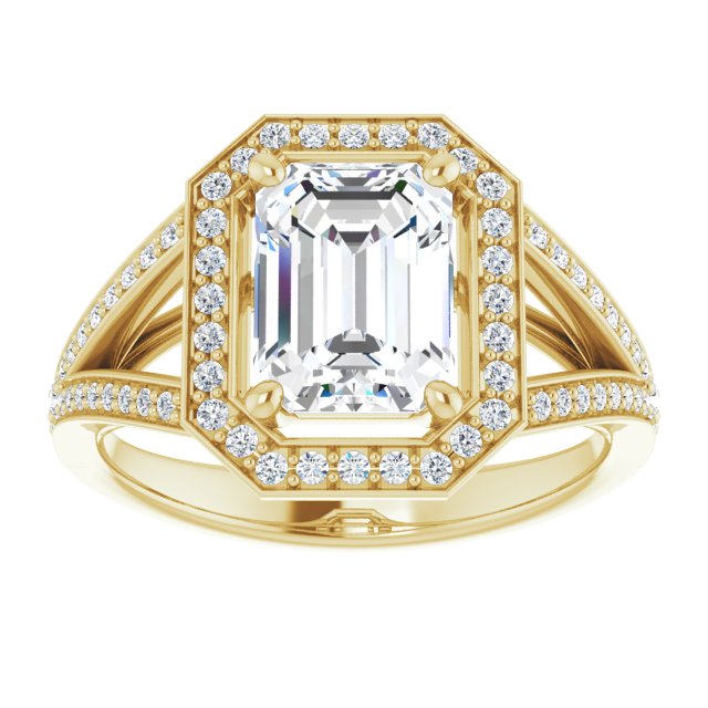 Cubic Zirconia Engagement Ring- The Heather Erin (Customizable Cathedral-Halo Emerald Cut Style featuring Split-Shared Prong Band)