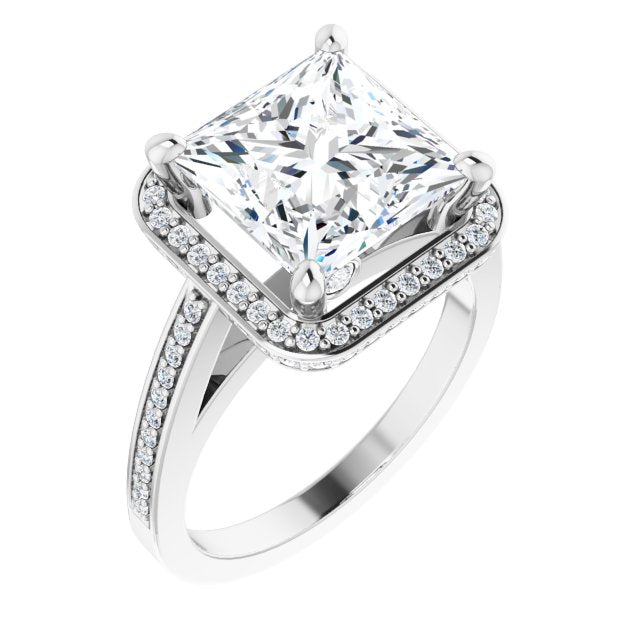 10K White Gold Customizable Cathedral-set Princess/Square Cut Design with Halo, Thin Pavé Band & Round-Bezel Peekaboos
