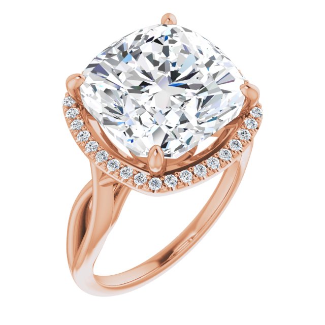 10K Rose Gold Customizable Cathedral-Halo Cushion Cut Design with Twisting Split Band