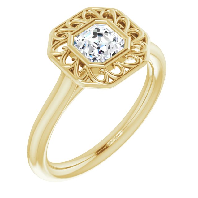 10K Yellow Gold Customizable Cathedral-Bezel Style Asscher Cut Solitaire with Flowery Filigree