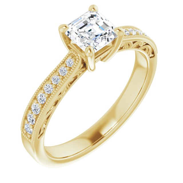 10K Yellow Gold Customizable Asscher Cut Design with Round Band Accents and Three-sided Filigree Engraving