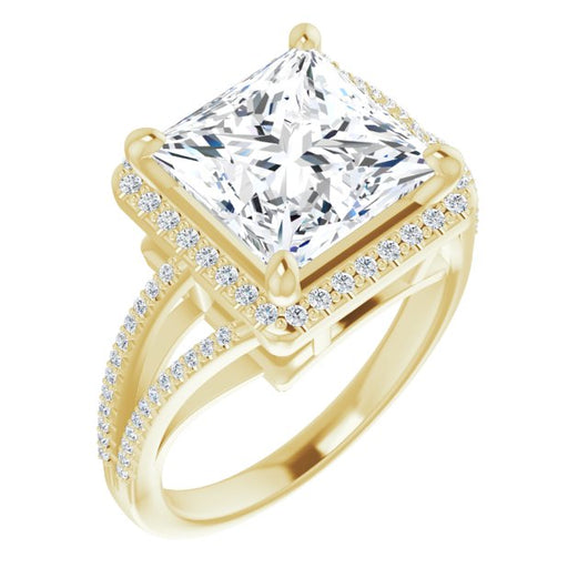 10K Yellow Gold Customizable Princess/Square Cut Vintage Design with Halo Style and Asymmetrical Split-Pavé Band