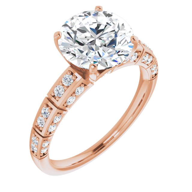 18K Rose Gold Customizable Round Cut Style with Three-sided, Segmented Shared Prong Band