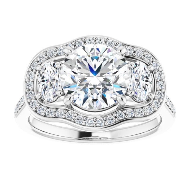 Cubic Zirconia Engagement Ring- The Dulce (Customizable Round Cut Style with Oval Cut Accents, 3-stone Halo & Thin Shared Prong Band)