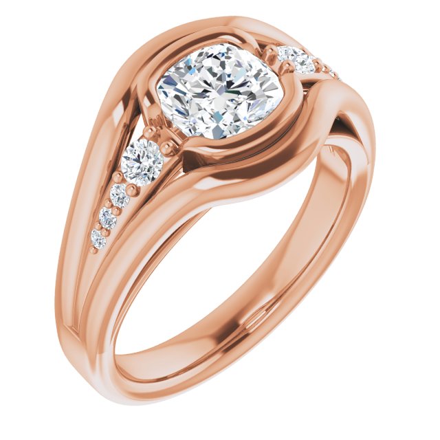 10K Rose Gold Customizable 9-stone Cushion Cut Design with Bezel Center, Wide Band and Round Prong Side Stones