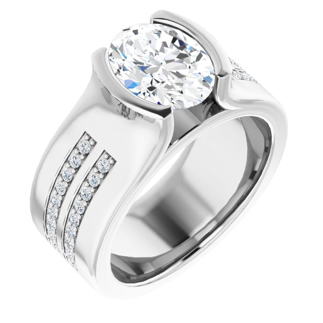 10K White Gold Customizable Bezel-set Oval Cut Design with Thick Band featuring Double-Row Shared Prong Accents