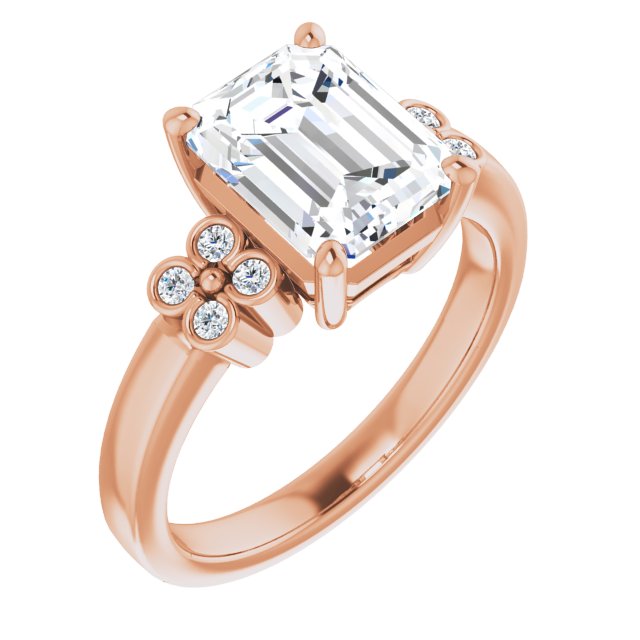 10K Rose Gold Customizable 9-stone Design with Emerald/Radiant Cut Center and Complementary Quad Bezel-Accent Sets