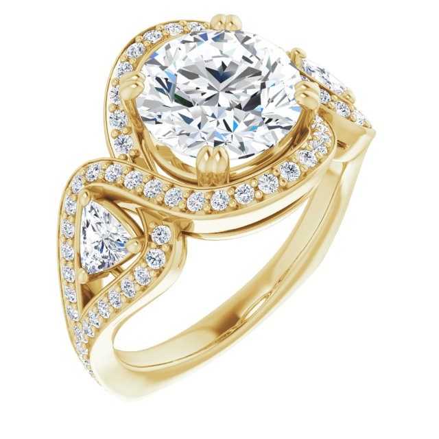 10K Yellow Gold Customizable Round Cut Center with Twin Trillion Accents, Twisting Shared Prong Split Band, and Halo