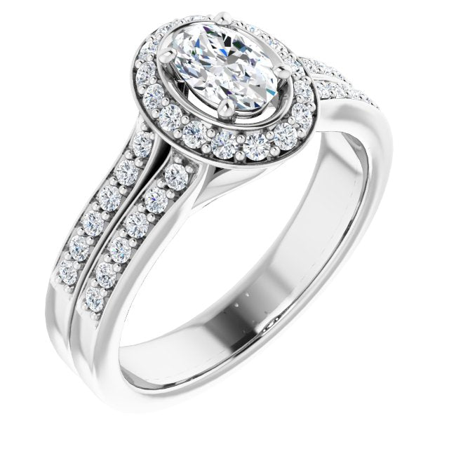 10K White Gold Customizable Oval Cut Halo Style with Accented Split-Band