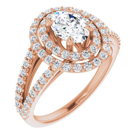10K Rose Gold Customizable Oval Cut Design with Double Halo and Wide Split-Pavé Band