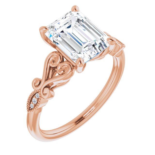 10K Rose Gold Customizable 7-stone Design with Emerald/Radiant Cut Center Plus Sculptural Band and Filigree