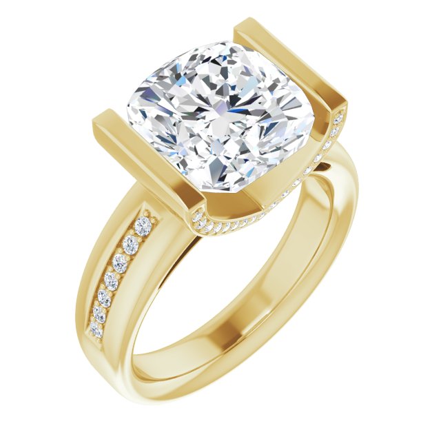 10K Yellow Gold Customizable Cathedral-Bar Cushion Cut Design featuring Shared Prong Band and Prong Accents