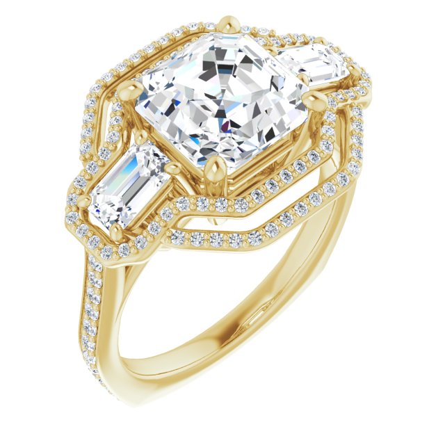 10K Yellow Gold Customizable Enhanced 3-stone Style with Asscher Cut Center, Emerald Cut Accents, Double Halo and Thin Shared Prong Band