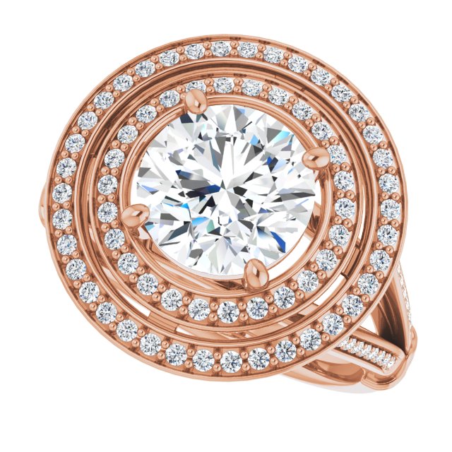 Cubic Zirconia Engagement Ring- The Chaunte (Customizable Cathedral-set Round Cut Design with Double Halo, Wide Split-Shared Prong Band and Side Knuckle Accents)