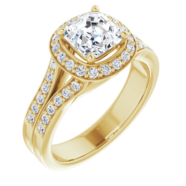 10K Yellow Gold Customizable Asscher Cut Halo Style with Accented Split-Band
