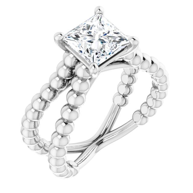 10K White Gold Customizable Princess/Square Cut Solitaire with Wide Beaded Split-Band