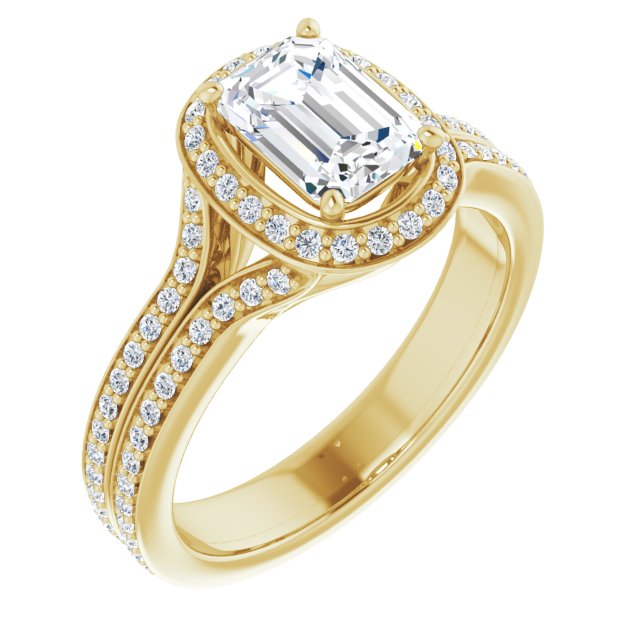 10K Yellow Gold Customizable Cathedral-raised Emerald/Radiant Cut Setting with Halo and Shared Prong Band