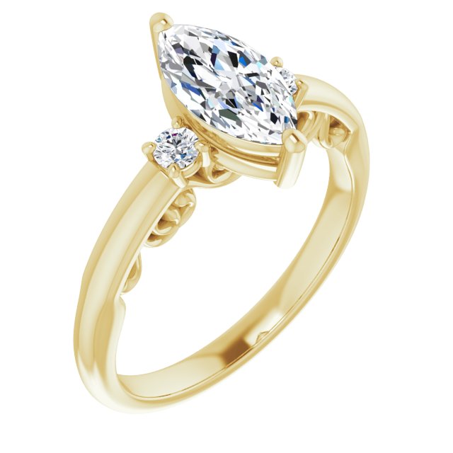 10K Yellow Gold Customizable Marquise Cut 3-stone Style featuring Heart-Motif Band Enhancement