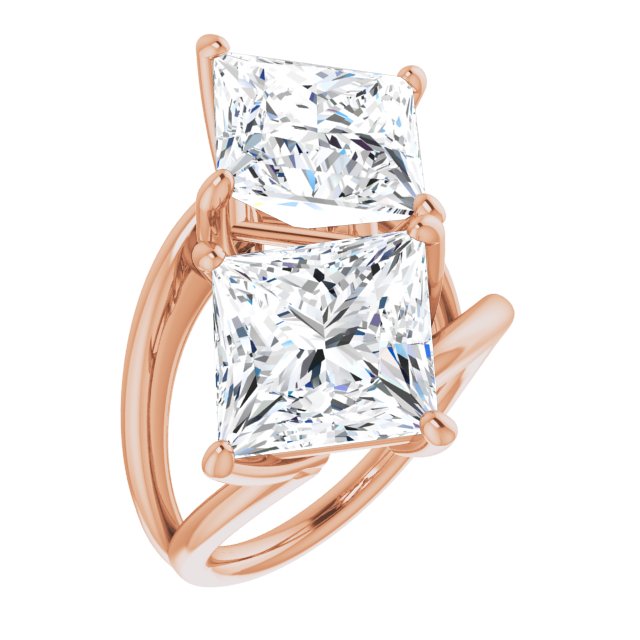10K Rose Gold Customizable Two Stone Double Princess/Square Cut Design with Split Bypass Band