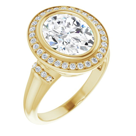 10K Yellow Gold Customizable Bezel-set Oval Cut Design with Halo and Vertical Round Channel Accents
